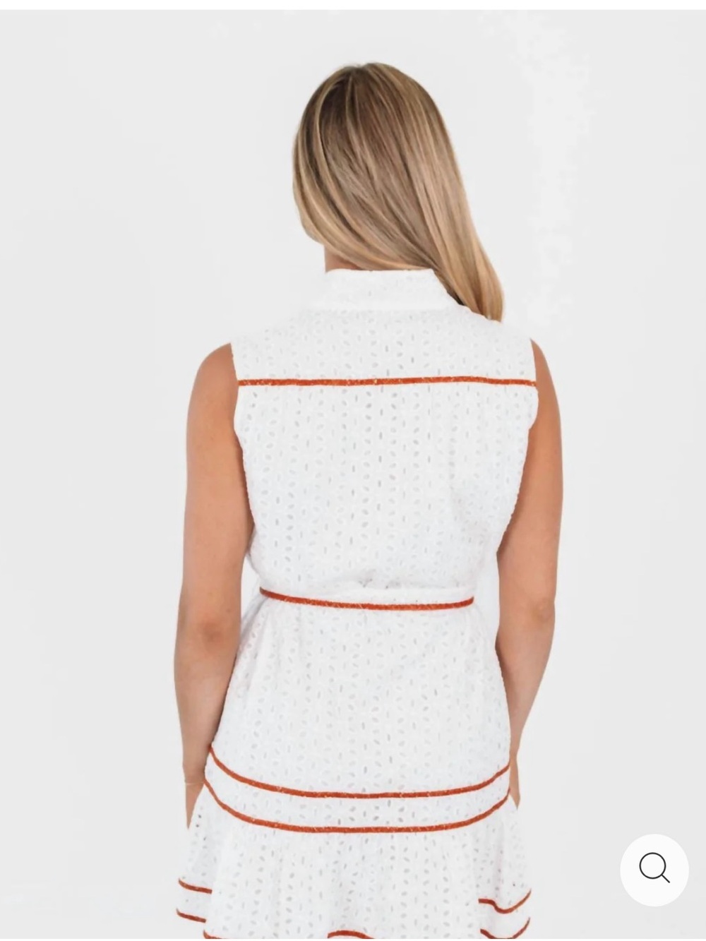 Sleeveless White Eyelet Dress with Burnt Orange Trim - Picture 4 of 5